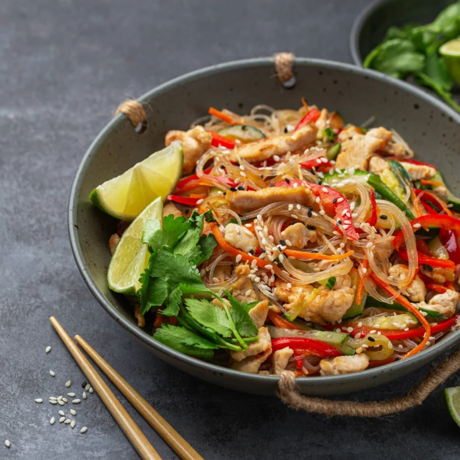 A glass noodle salad in a grey bowl with limes and chilies.