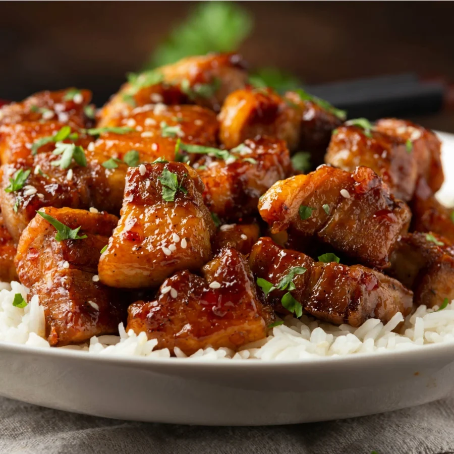 Crispy pork belly served on a bed of rice.