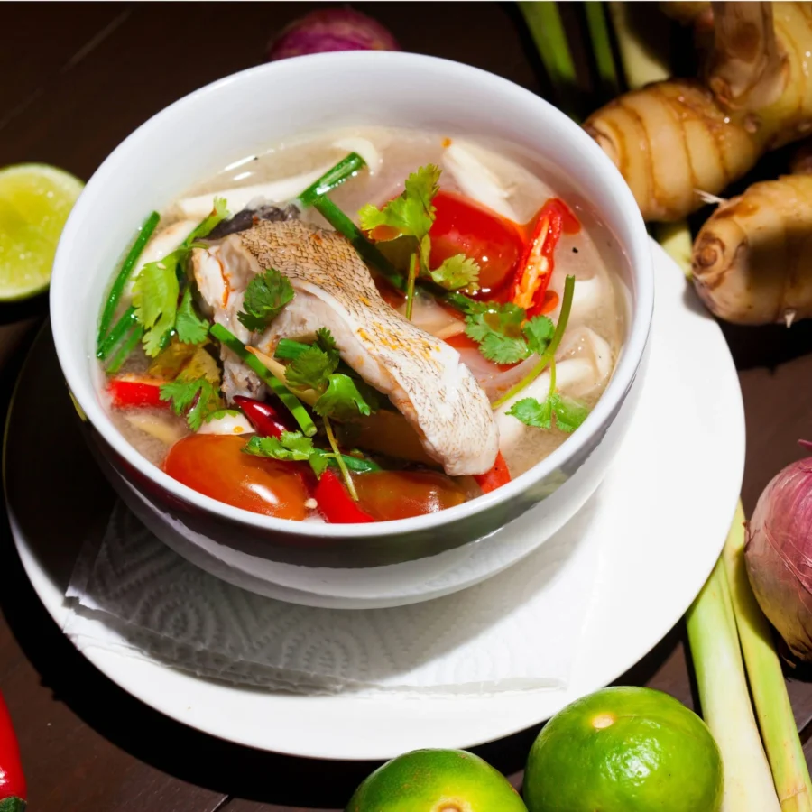 A creamy Tom Yam soup with sea bass.