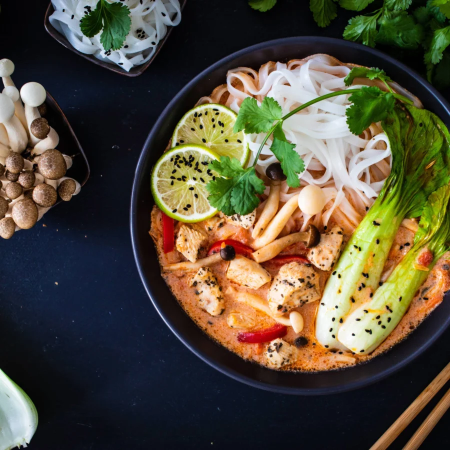 Tom yam noodles with chicken.